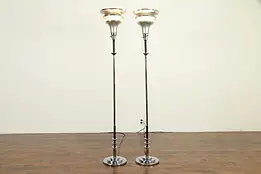 Pair of Art Deco Vintage Chrome & Aluminum Torchieres Floor Lamps #31798