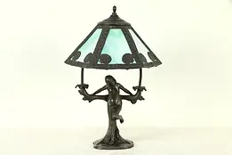 Printemps Spring Statue Lamp, Stained Glass Shade, L. Beck #31699