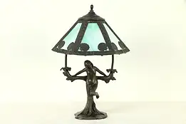 Printemps Spring Statue Lamp, Stained Glass Shade, L. Beck #31699