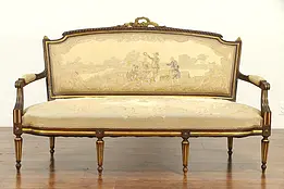 French Antique Carved Chestnut Sofa, Gold Accents, Worn Aubusson Tapestry #31856