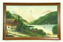 Bavarian Alps Scene with Chalet, Vintage Original Oil Painting