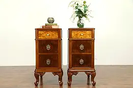 Pair of Antique Carved Walnut & Burl Nightstands or End Tables, Holland #31259