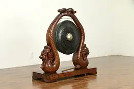 Chinese Antique Bronze Gong, Mahogany Stand, Hand Carved Serpents #31363