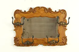 Victorian Antique Oak Hall Mirror, Coat & Hat Hooks #31970