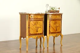 Pair of Rosewood Marquetry Nightstands or Lamp Tables, Marble Tops #31569