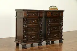 Pair Antique Nightstands, Chests or End Tables, Carved Figures, Italy #29246