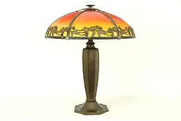 Art Deco Antique Lamp, Reverse Painted Red Glass Shade #31336