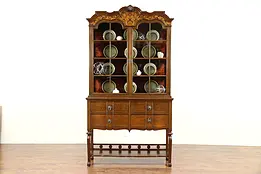 English Carved Oak Marquetry Antique China Curio Display Cabinet #30273