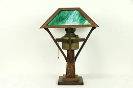 Arts & Crafts Oak Antique Stained Glass Craftsman Lamp, Miller Brown #31457