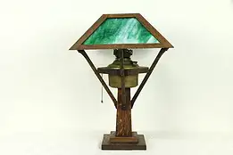 Arts & Crafts Oak Antique Stained Glass Craftsman Lamp, Miller Brown #31457