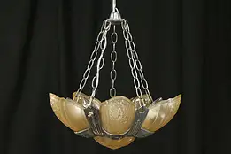 Art Deco 1930 Vintage Chandelier, 5 Satin Glass Shades #31721