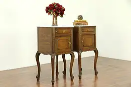 Pair Country French Antique Oak Nightstands or End Tables, Marble Tops #30643