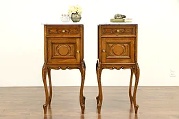 Pair of Country French Antique Carved Oak Nightstands, Marble Tops #32185