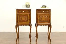 Pair of Country French Antique Carved Oak Nightstands, Marble Tops #32185