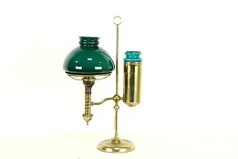 Brass Antique Student Desk Lamp, Emerald Shade, Pat Manhattan 1879 #32338