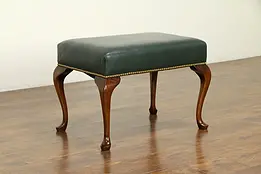 Traditional Mahogany Vintage Bench or Stool, Leather & Brass Nailheads #32491