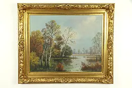Fall Scene with Pond Original Antique Oil Painting, Signed Bandes #32538