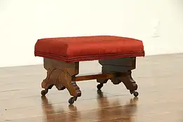 Victorian Eastlake Antique Walnut Footstool, Original Wheels #32578