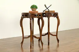 Pair of Carved Walnut & Marquetry Vintage Lamp or End Tables #32587