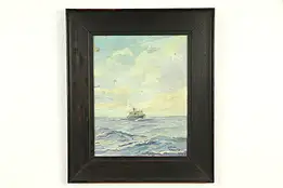 Ship at Sea, Original Oil Painting, Lillian Thoele 1937, Oak Frame #32692