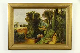 Farm Hay Harvest Scene, Antique Naive Original Oil Painting on Canvas #32693