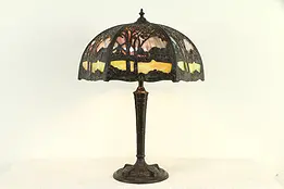 Curved Stained Glass 20" Shade Antique 1915 Panel Lamp, Dutch Scene #32848