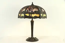 Curved Stained Glass 20" Shade Antique 1915 Panel Lamp, Dutch Scene #32848