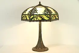 Stained Glass Panel Shade Antique Lamp, Painted Pond, Bridge & Swan Motif #32908
