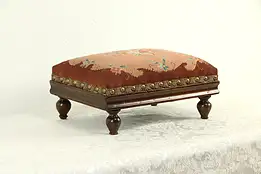 Victorian Antique 1850 Maple Footstool, Needlepoint Upholstery #32917