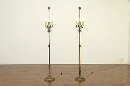Pair of Brass Antique 2 Candle Floor Lamps, Viking Ship Finials  #32994