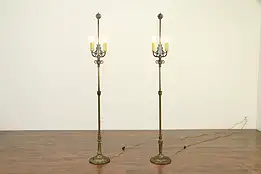 Pair of Brass Antique 2 Candle Floor Lamps, Viking Ship Finials  #32994