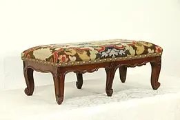 Country French Antique Carved Footstool, Needlepoint Upholstery #33023