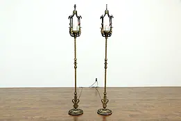Pair of Antique Wrought Iron Hand Painted Floor Lamp Torchiere Lanterns #33130