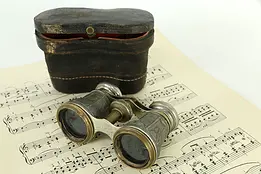 Opera Glasses Antique Engraved Pewter, Leather Case  #33173
