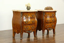 Italian Pair Vintage Marble Top Marquetry Bombe Chests or Nightstands #33207