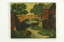 Old Stone Bridge Antique Oil Painting, Signed Herman #33344