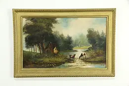 Cows Drinking at a Stream, Original  Vintage Oil Painting, Baker #33348
