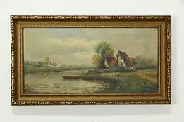 Cottage, Canoe & Windmill Original Antique Oil Painting #33387