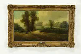 Bridge over Country River, Antique Original Oil Painting George Harris #33388