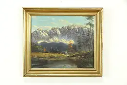 Mountain Scene with Lake, Antique Original Oil Painting, F. Becoer #33389