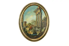Classical Roman Ruins in Italy, Antique Original Oval Oil Painting #33390