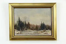 Pine Forest in Winter, Antique Original Oil Painting 20", Custom Frame #33530