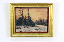 Sunset in Winter Antique Original Oil Painting 16", Gold Leaf Frame #33534