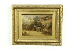 Victorian Farm Family with Donkey Antique English 16" Oil Painting #33542