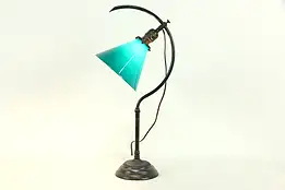 Student Antique Desk Lamp, Adjustable Green Cased Glass Shade #33730