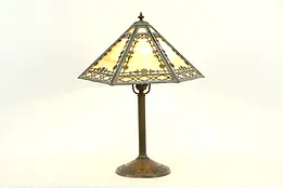 Lamp with Antique Stained Glass 6 Panel Shade, Signed PEM & Co #33731
