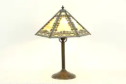 Lamp with Antique Stained Glass 6 Panel Shade, Signed PEM & Co #33731