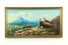 Mountain Scene with Shepherd Couple, Vintage Italian 42" Oil Painting #33781