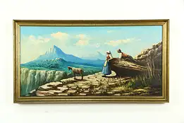 Mountain Scene with Shepherd Couple, Vintage Italian 42" Oil Painting #33781