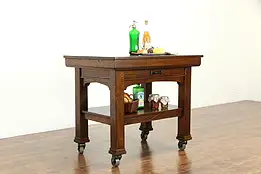 Oak Antique Industrial Rolling Kitchen Island, Wine & Cheese, Plant Table #34110